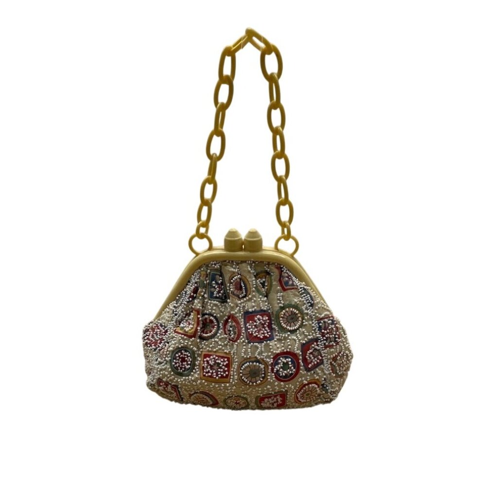Vintage Charlet Beaded Beige Plastic Chain Handle & Floral Design Handbag Sz S